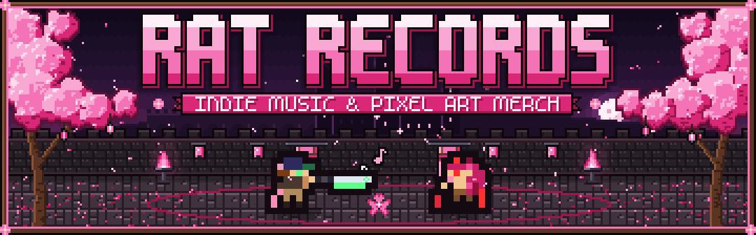 Dongu the Rat and Gigi the Cat beneath the Rat Records sign and cherry blossoms